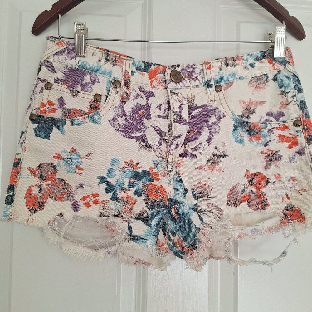 Free People Floral Denim Cutoff Shorts Turquoise Combo 27